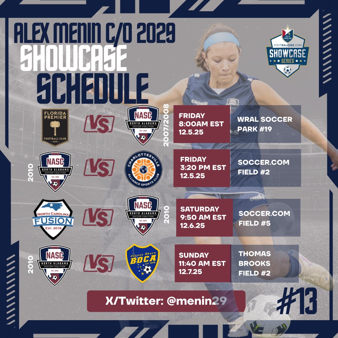 Excited to be be headed to NCFC Visit Raleigh Showcase this weekend! ⚽️ <a href="/visitRaleigh/">visitRaleigh</a> <a href="/NCFC_Youth/">NCFC Youth</a> <a href="/ImYouthSoccer/">ECNL/GA/Recruiting/College Soccer</a> <a href="/TheSoccerWire/">SoccerWire</a> <a href="/ImCollegeSoccer/">College Soccer Truth ™</a> #classof2029 #collegereceuiting <a href="/northalabamasc/">North Alabama SC</a>