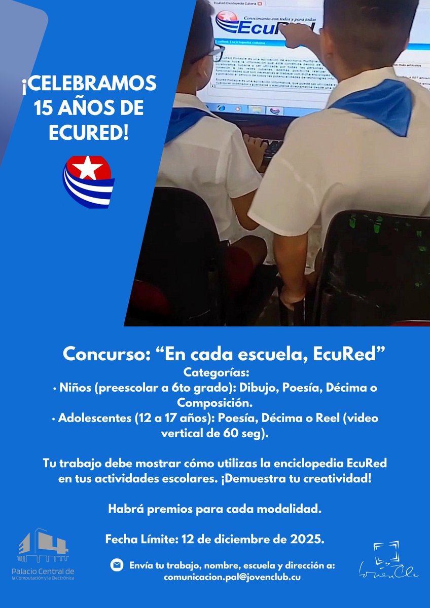 Concurso "En cada escuela, #EcuRed"

Categorías y Modalidades:
🔷 Niños (preescolar a 6to grado): Dibujo, Poesía, Décima o Composición.
🔶 Adolescentes (12 a 17 años): Poesía, Décima o Reel (video vertical de 60 seg).

#PalacioCentral 🖥️

🧵 1/3
