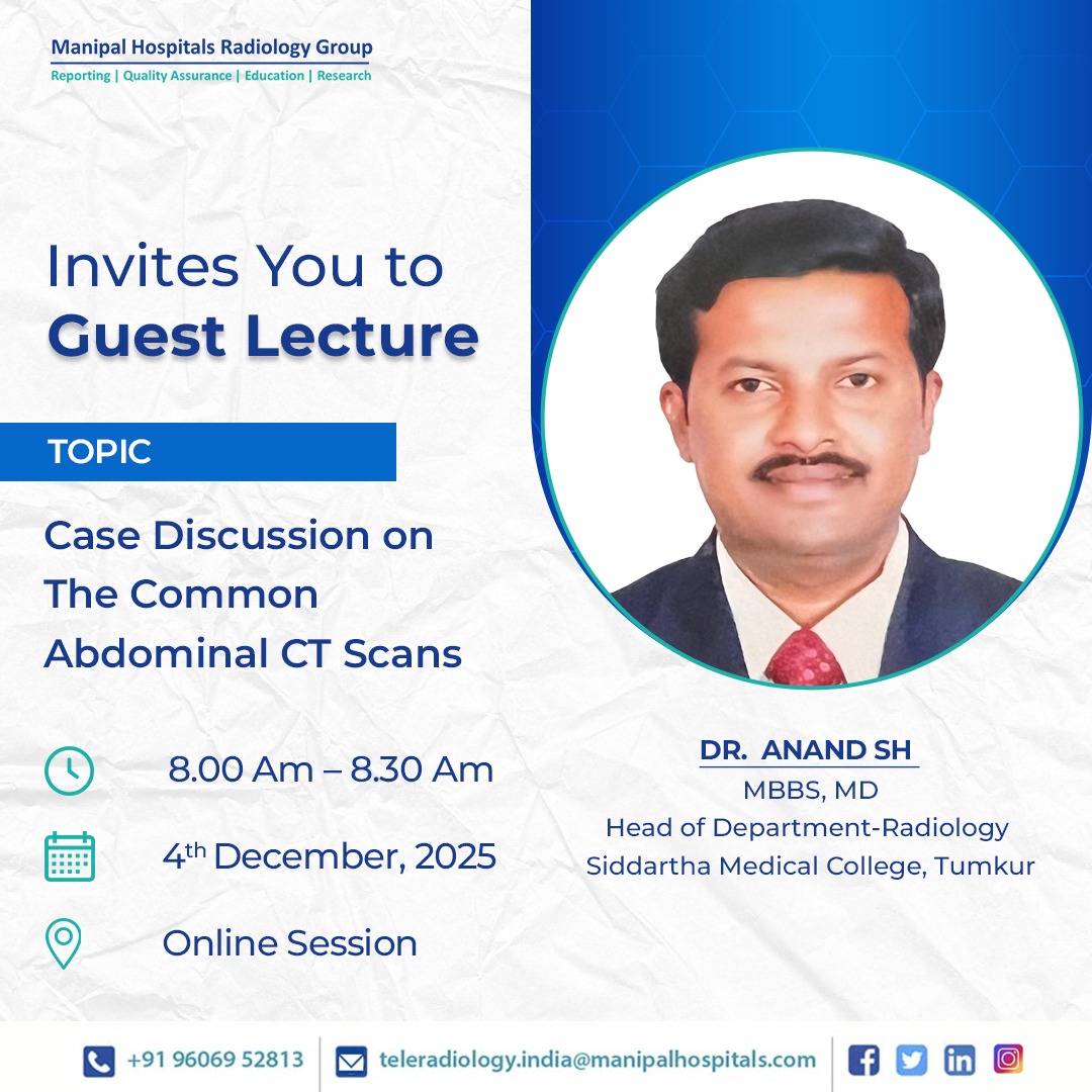 ManipalMhrg's tweet image. Join us for the #GuestLecture by Dr. Anand on Topic “Case Discussion on the Common Abdominal CT Scans”. Interested candidates can email details to rachna.karkera@manipalhospitals.com for Zoom link.
#RadiologyEducation #healthcare #ManipalHospitals #MHRG