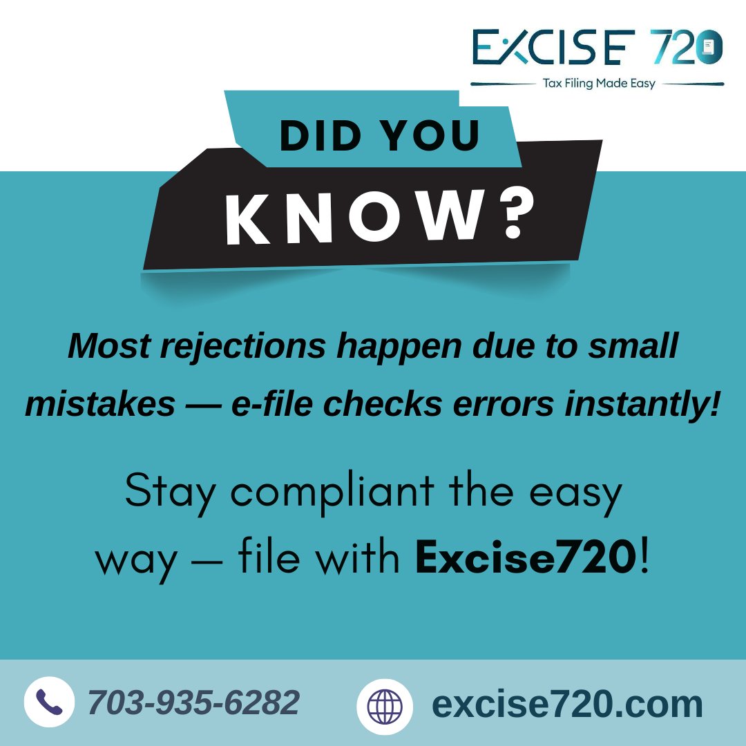 excise720's tweet image. Avoid unnecessary Form 720 rejections! 
Small mistakes can delay your filing - but with Excise720, error checks happen instantly.
🌐 excise720.com
#Excise720 #Form720 #ExciseTaxFiling #StayCompliant #TaxFilingMadeEasy #IRSApproved #EFileForm720 #TaxTips #TaxDeadlines