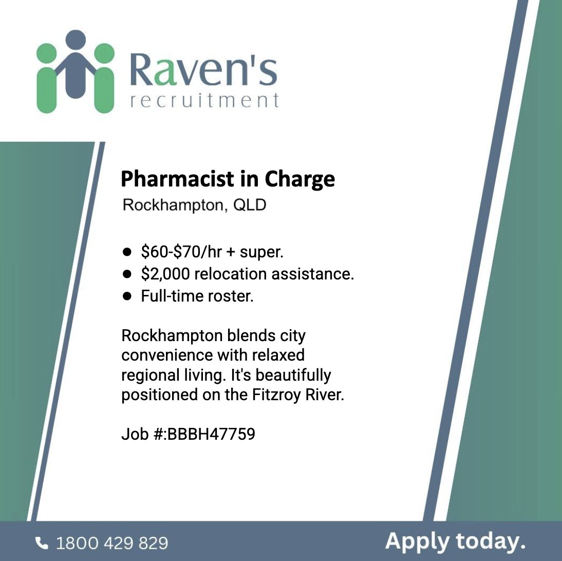 View and Apply: ravensrecruitment.com.au/job/pharmacist…
Phone: 1800 429 829 or +61 7 5509 5800
.
#communitypharmacy #pharmacy #pharmacist #recruitment #pharmacyjobs