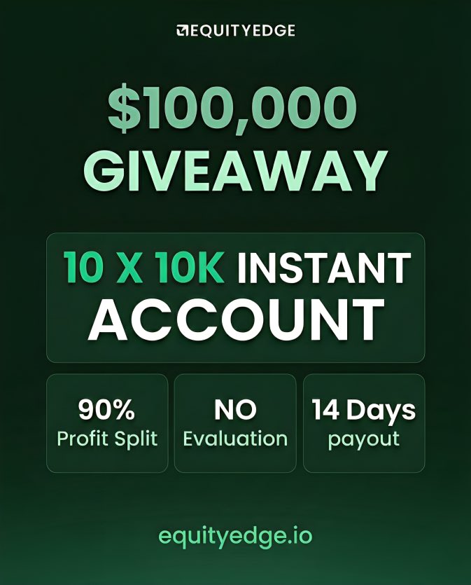 nobofx01's tweet image. 100K GIVEAWAY 🎁

Win 1 of 10 × 10K Instant Funded Accounts 🔥

To Enter 👇

1. Follow @nobofx01 &amp;amp; @EquityEdgeUK
2. Like ❤️ &amp;amp; Retweet 🔁
3. Must follow @Simple_BoyFx @Investor_Abdul_ @JABZ_FX @daraja_fx @ZenithPulse_fx @forex01d 
4. Submit proof in comments

Best of Luck 🤞