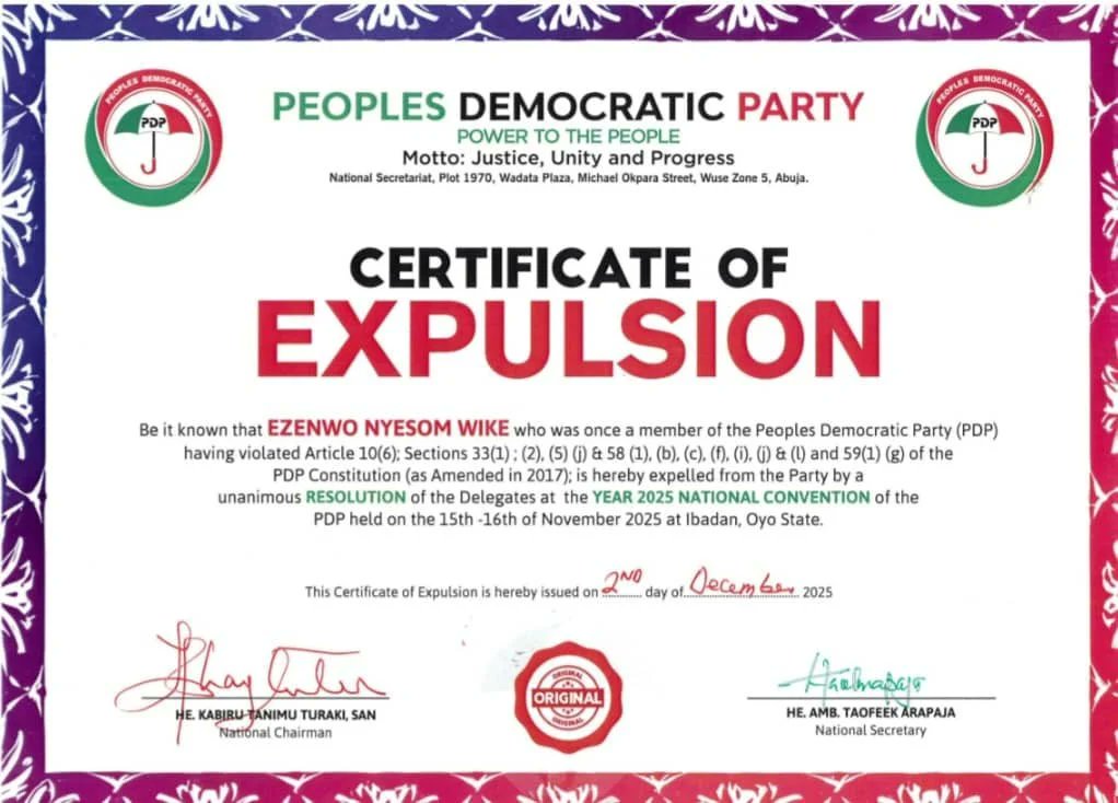 AtlDigest's tweet image. PDP Issues Expulsion Certificates to Wike, Fayose, Others as Turaki-Led NWC Begins Cleanup Drive -  atlanticdigest.com/current-events…