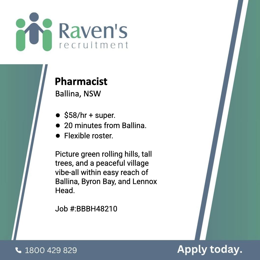 View and Apply: ravensrecruitment.com.au/job/pharmacist…
Phone: 1800 429 829 or +61 7 5509 5800
.
#communitypharmacy #pharmacy #pharmacist #recruitment #pharmacyjobs