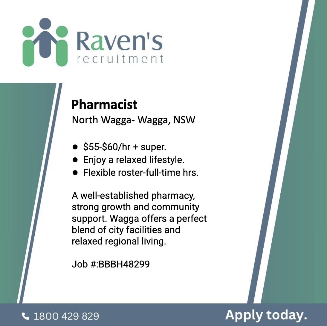 View and Apply: ravensrecruitment.com.au/job/pharmacist…
Phone: 1800 429 829 or +61 7 5509 5800
.
#communitypharmacy #pharmacy #pharmacist #recruitment #pharmacyjobs