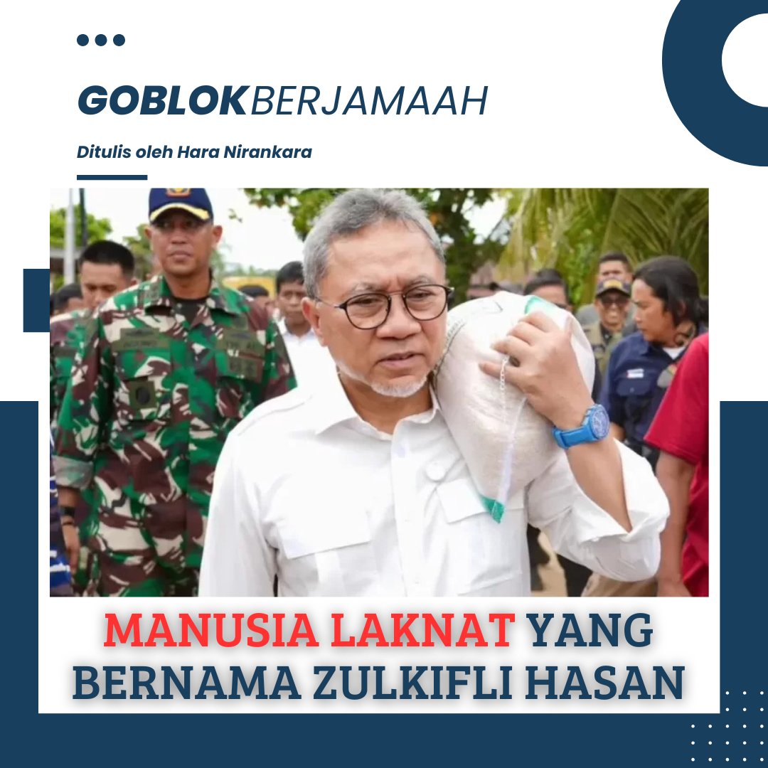 Hnirankara's tweet photo. Siapa yang tak kenal dengan Zulkifli Hasan? Sosok pembawa kehancuran bagi negara kalian ini, adalah salah satu manusia paling laknat di alam semesta. Bayangkan, ketika ia menjabat sebagai Menteri Perdagangan, dia menjadi salah satu biang kerok dari kolapsnya UMKM kecil hingga Padat Karya. Zulhas mengeluarkan kebijakan/Permendag Nomor 7 (atau 8, saya lupa hehe), sehingga Indonesia diserbu oleh produk impor asal China yang harganya sangat murah, bahkan produsen sana tidak segan untuk meniru produk brand lokal yang terkenal.

Sebagai bahan informasi, China mengalami overproduction produk tekstil yang dibarengi oleh sikap pemerintahan yang memberikan subsidi yang berlimpah. Salah satu bentuk subsidi yang diberikan yaitu diskon ekspor, yang memungkinkan produsen di sana untuk menetapkan harga jual yang sangat murah bagi produk yang mereka lempar ke luar negeri.

Tidak hanya sampai di situ, kelaknatan Zulhas juga pernah ia lakukan ketika menjabat sebagai Menteri Kehutanan di era SBY. Kalau tidak salah ingat, Zulhas mengeluarkan kebijakan yang melegalkan pembabatan hutan yang totalnya lebih dari 2 juta ha.