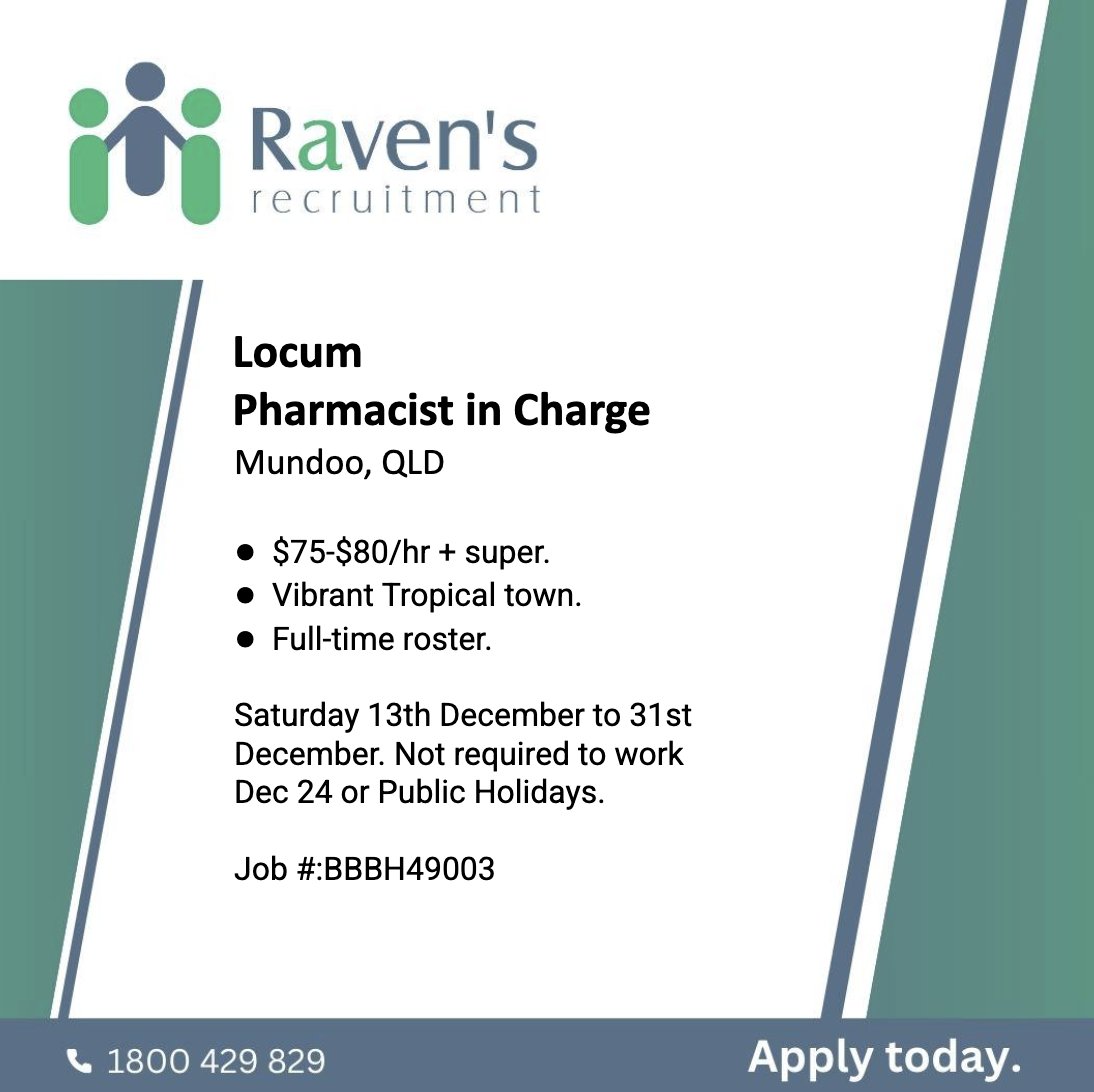 View and Apply: ravensrecruitment.com.au/job/locum-phar…
Phone: 1800 429 829 or +61 7 5509 5800
.
#communitypharmacy #pharmacy #pharmacist #recruitment #pharmacyjobs