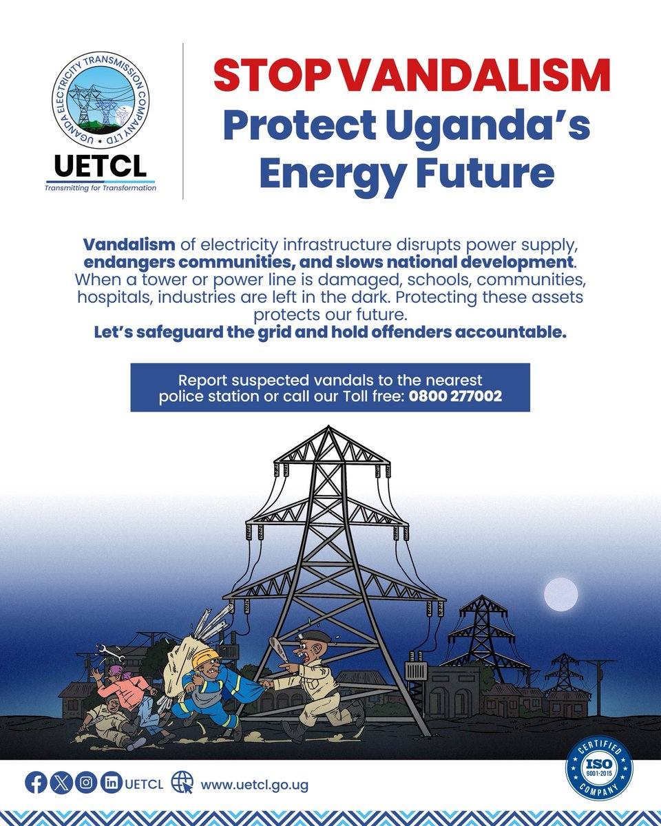 uetcl's tweet photo. Vandalism kills progress.
See something? Say something.
Report vandals and protect Uganda’s electricity infrastructure! https://t.co/ucHZpJGaOX