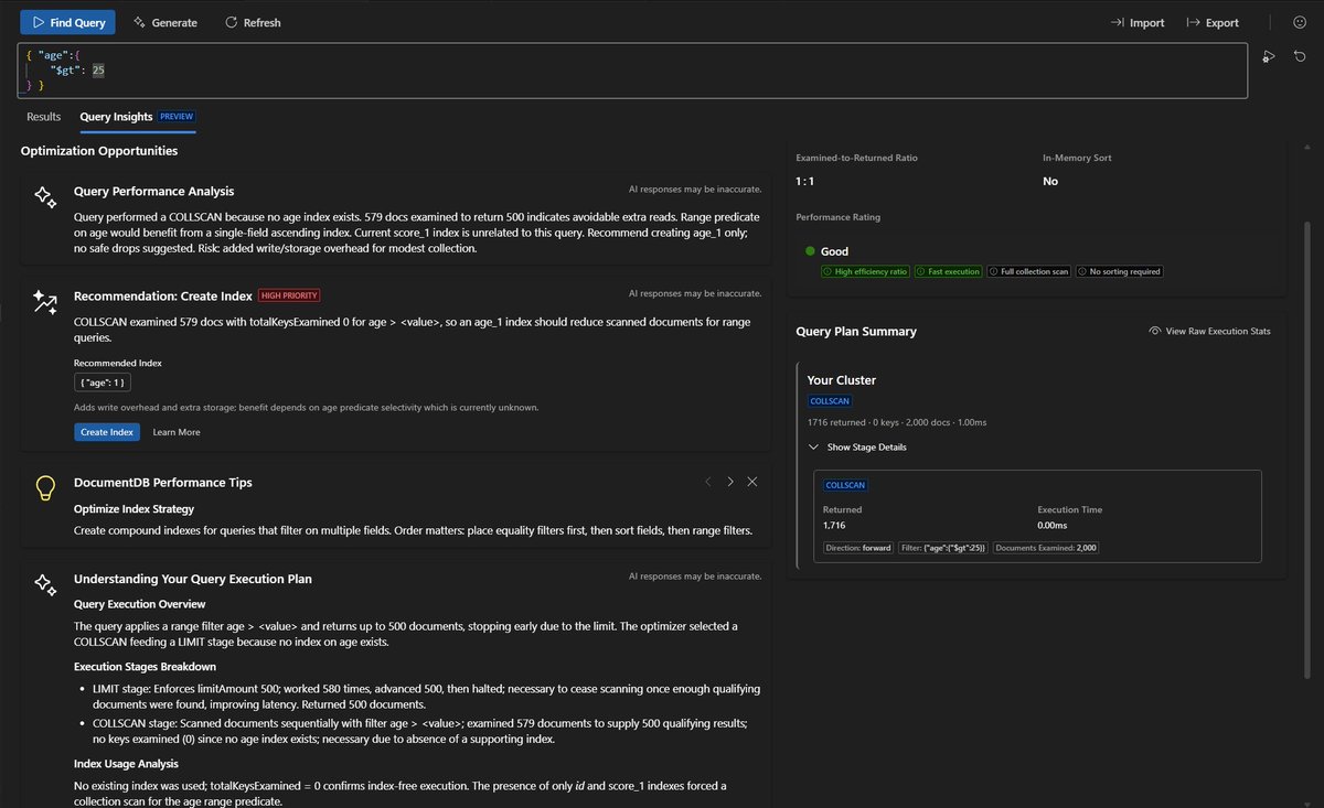 AzureCosmosDB's tweet image. Tuning queries in Azure DocumentDB just got a lot easier.
Index Advisor analyzes your real workload and tells you exactly which indexes to add for faster, cheaper queries — no guesswork.

Check it out → msft.it/6014tbLo4

#AzureCosmosDB #DocumentDB #NoSQL