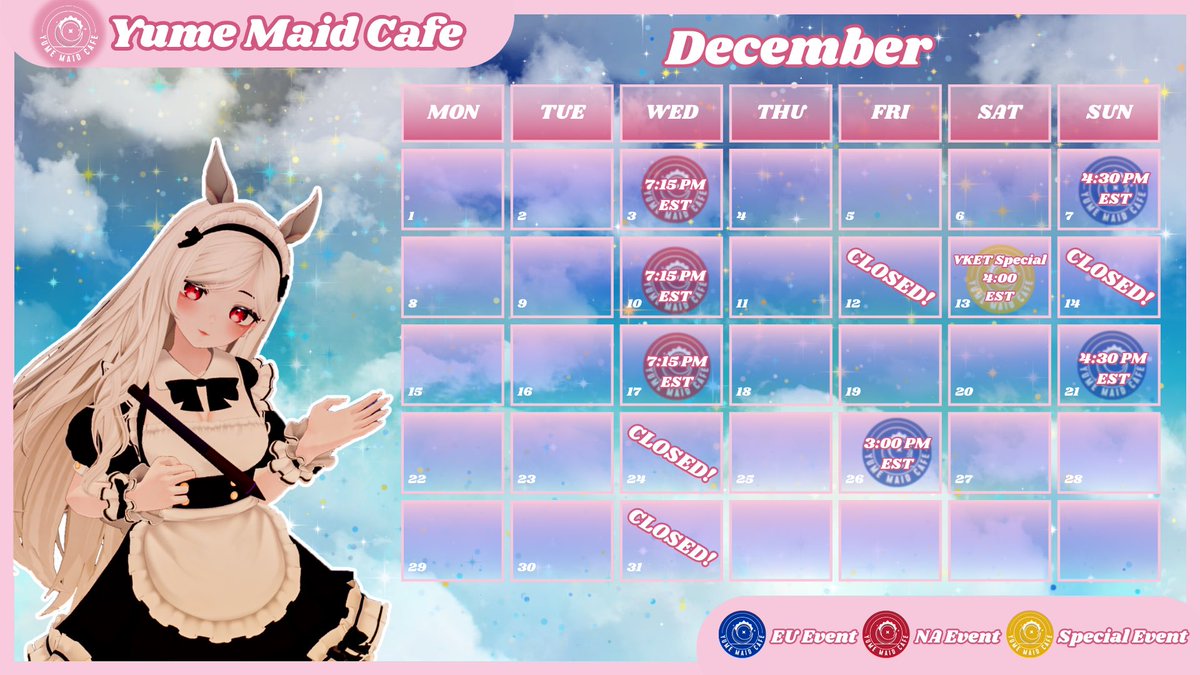 HELLO Dreamers!!
This is our Calendar for the month of December! We will have more Social events so stay tuned by joining our discord discord.gg/yumemaidcafe 🍧