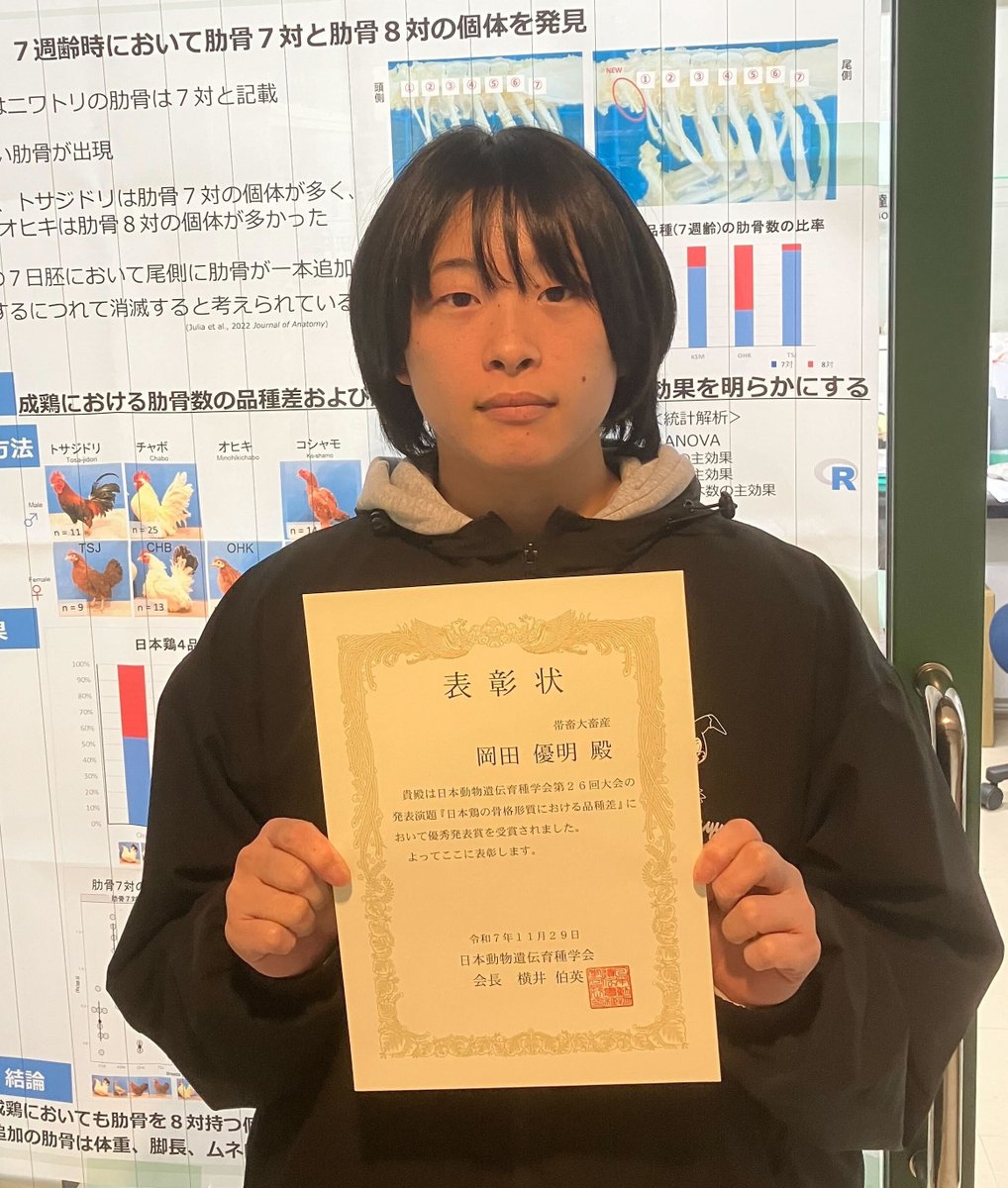 令和7年11月29日（土）に、十文字学園女子大学で開催された「日本動物遺伝育種学会第26回大会」において、岡田優明さん（大学院博士前期課程畜産科学専攻1年、指導教員：後藤達彦准教授）が優秀発表賞を受賞しました。
#帯広畜産大学

obihiro.ac.jp/news/72003