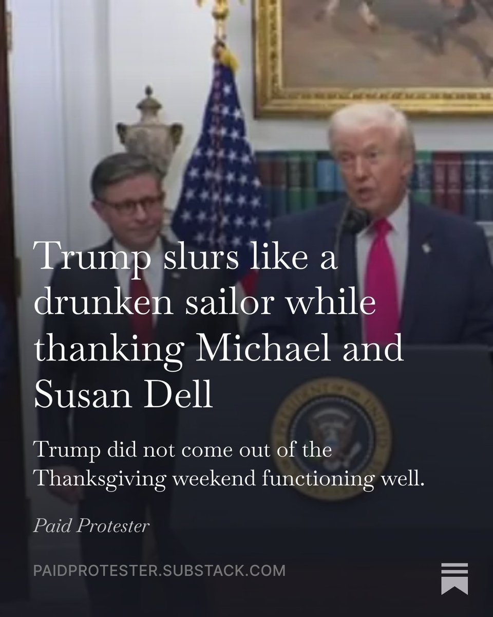 paidprotestr's tweet image. paidprotester.substack.com/p/trump-slurs-…

People are going to talk about the earlier cabinet meeting, and Trump wasn't doing well there, either. Talking about Michael Dell's $6.25 billion donation to the Trump accounts showed a slurring problem.

#Trump #TrumpAccount #Slurring #Dell #donation