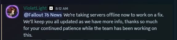 DuchessFlame's tweet image. Fallout 76 Server Update

#Fallout76 #BurningSprings