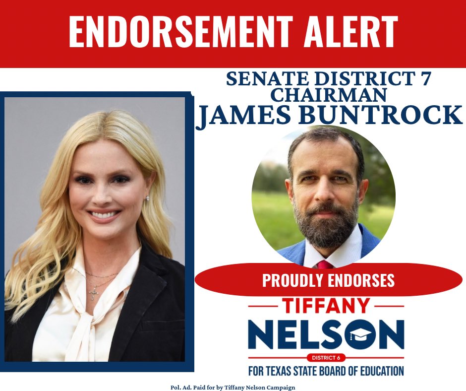 🚨ENDORSEMENT ALERT:SD 7 CHAIRMAN JAMES BUNTROCK🚨
I’m honored to have the endorsement trusted grassroots conservative leader <a href="/BuntrockJames/">James Buntrock</a>.
As a trustee, I have fought to protect Texas students, empower parents, and improve educational outcomes  and will do the same for Texas.