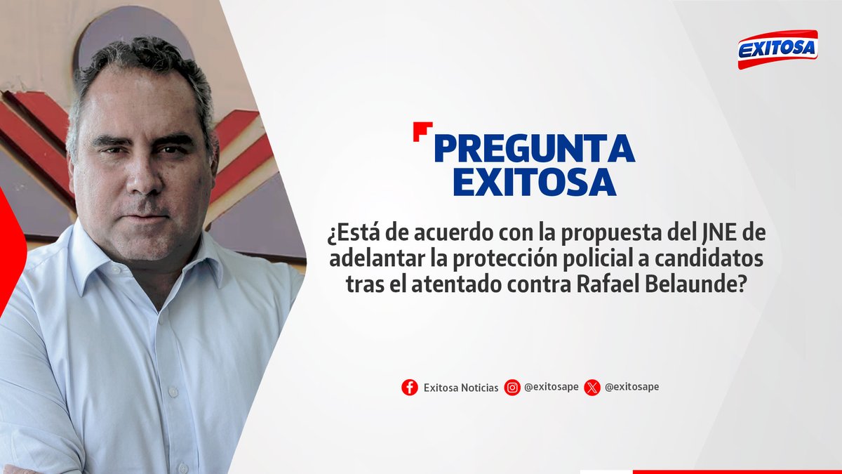 exitosape's tweet image. 🔴🔵 ¡Participa en la #PreguntaExitosa! 🚨📢

¿Está de acuerdo con la propuesta del JNE de adelantar la protección policial a candidatos tras el atentado contra Rafael Belaunde?

🌐 Más información: exitosanoticias.pe