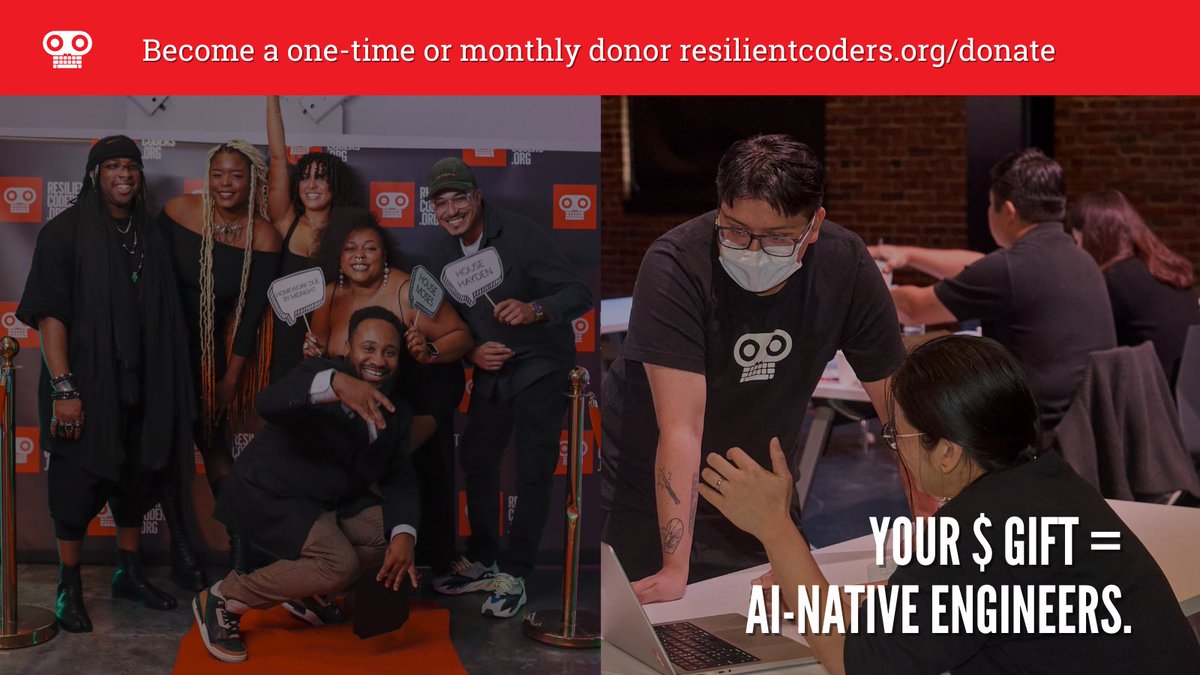 resilientcoders's tweet image. Resilient Coders trains high-performing developers ready to contribute from day one. Our engineers don’t just use AI tools, they build AI-enabled applications. 

Your donation funds real skills. This Giving Tuesday, put your money where your values are: hubs.ly/Q03Wz4QB0.