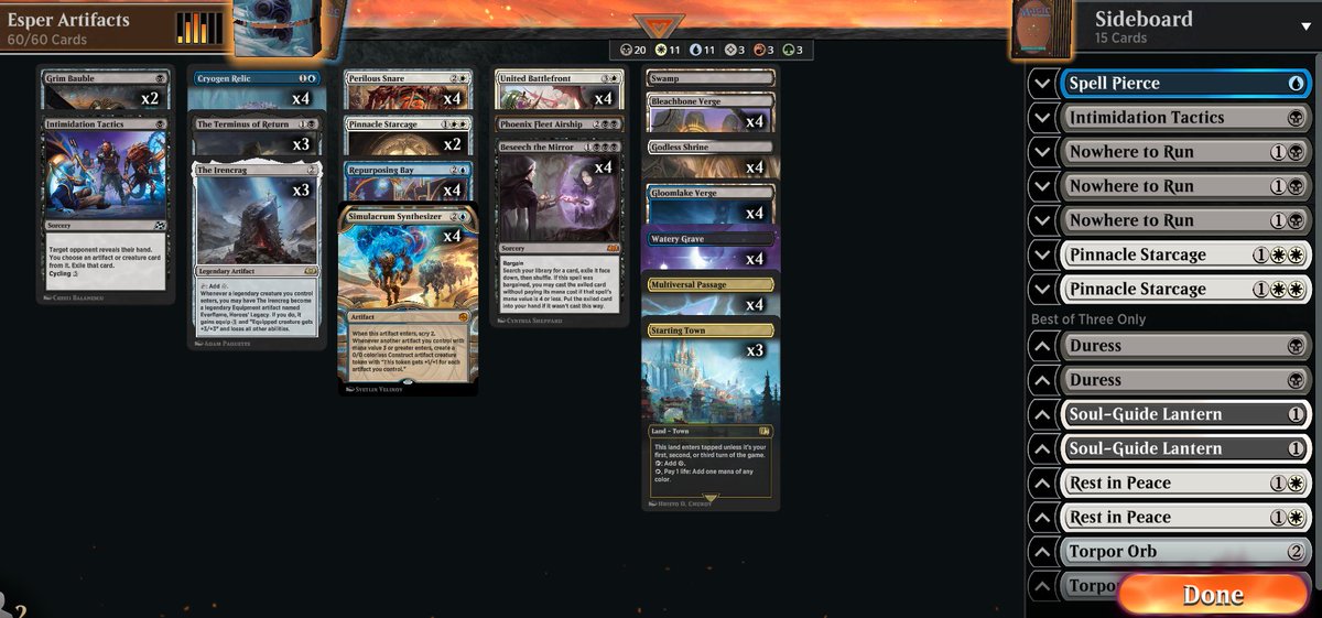 JodyMFKeith's tweet image. Top 8'ed the Standard Challenge with Esper Artifacts. Feels like my losses were to mana screw, but I have my mana guy working on it. MUs below. Export in Alt