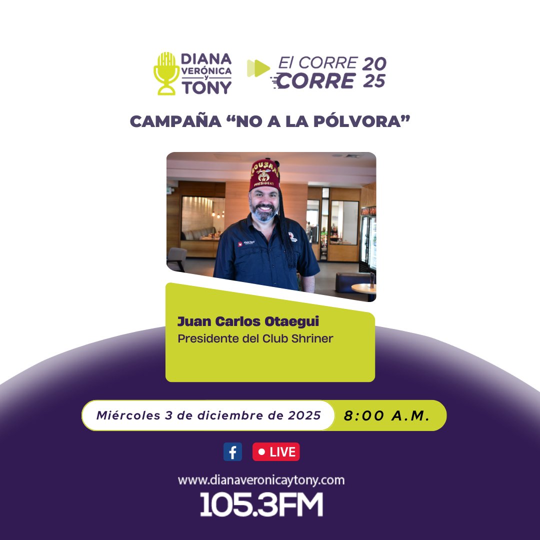 🎙️#ElCorreCorre  
Este miércoles 03 de diciembre, 8:00 a.m. en 105.3 FM <a href="/Punto105/">Punto105 [105.3 FM]</a> 📻 #TuneIn 

Hablaremos con Juan Carlos Otaegui, Pdte. del  <a href="/Shrinerssv/">Shriners El Salvador</a>, sobre la campaña No a la Pólvora "El Fuego no es un Juego" 🔥🚫. 

📲 7850-2060, no te lo pierdas.