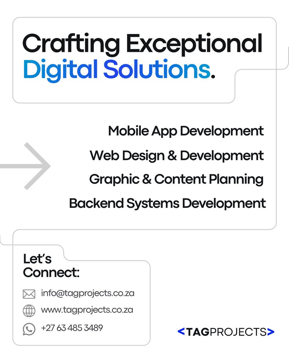 tagprojectsza's tweet image. Unlock the power of digital innovation with TAGPROJECTS.

📩 info@tagprojects.co.za
🌐 tagprojects.co.za
📱 +27 63 485 3489

#TAGPROJECTS #DigitalSolutions #SoftwareDevelopment #WebDesign #AppDevelopment #BusinessGrowth
