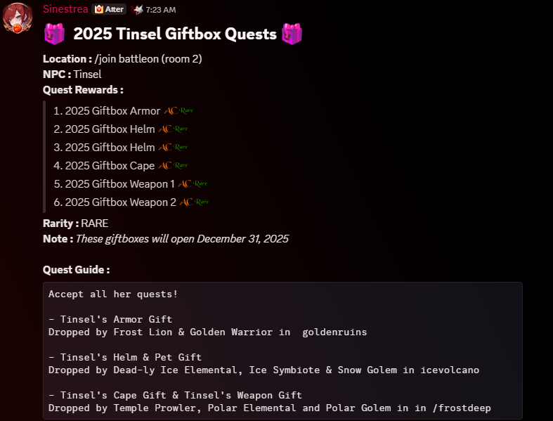 Datenshi6699's tweet photo. 🎁 2025 Tinsel Giftbox Quests 🎁

One of AQW frostval culture is Tinsel Giftbox
New Year New Giftbox Quests.
Talk to Tinsel in Battleon room 2

Following previous years, these  giftboxes should be open December 31, 2025

* Will turn into a NEW CLAWSUIT SET
* RARE AC TAGGED https://t.co/sFq2NYWAdA
