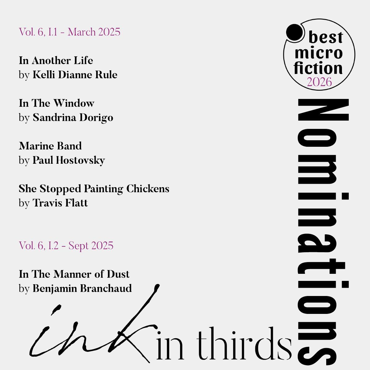 InkInThirds's tweet photo. Noms #BestMicrofiction Congrats &amp; good luck!

* In Another Life by Kelli Dianne Rule
* In The Window by @sandrinado
* Marine Band by Paul Hostovsky
* She Stopped Painting Chickens by @WriterLeeFlatt
* In The Manner of Dust by @benakkii https://t.co/dJOlQDzSw0