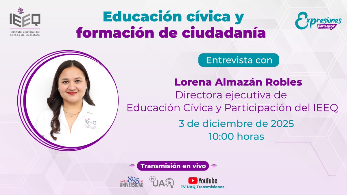 IEEQcomunica's tweet photo. 🎙📺 Esta semana en #ExpresionesParaElegir charlaremos con Lorena Almazán, Directora de Educación Cívica y Participación del @IEEQcomunica sobre lo que conlleva la formación de ciudadanía en Querétaro 🙋🏽‍♀️🙋🏻‍♂️ 

Sintoniza por @TvUAQ y @RadioUAQ mañana a las 10:00 hrs ⏰ https://t.co/7efVU7paMl