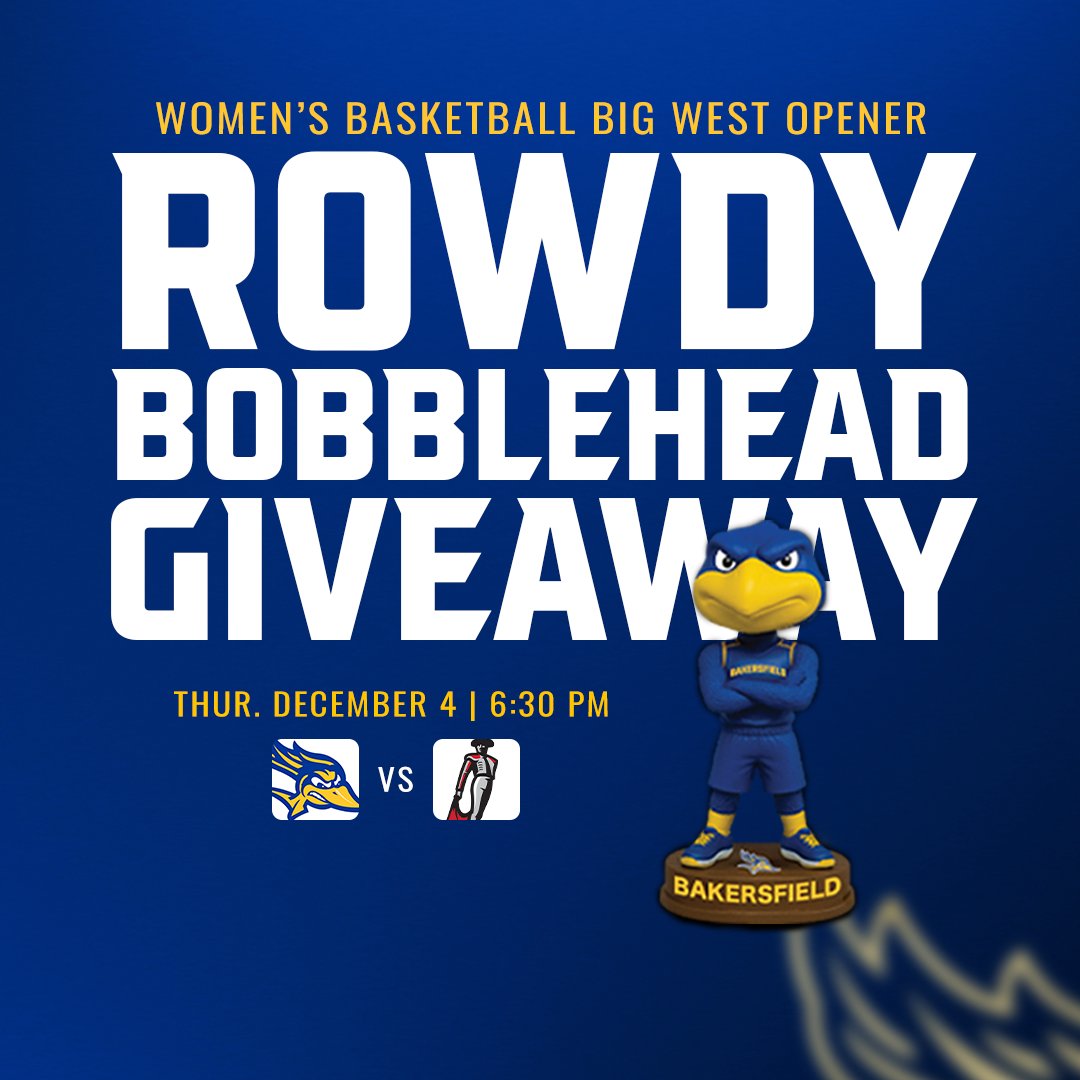 CSUBAthletics's tweet photo. 🚨ROWDY BOBBLEHEAD GIVEAWAY🚨

Join us Thursday for our Big West home opener and snag yourself a Rowdy Bobblehead, while supplies last!

Skip the Line, Buy Online: 
🎟️ https://t.co/4xkc6sV9Yu

#RunnersOnTheRise https://t.co/J40UFRRM83
