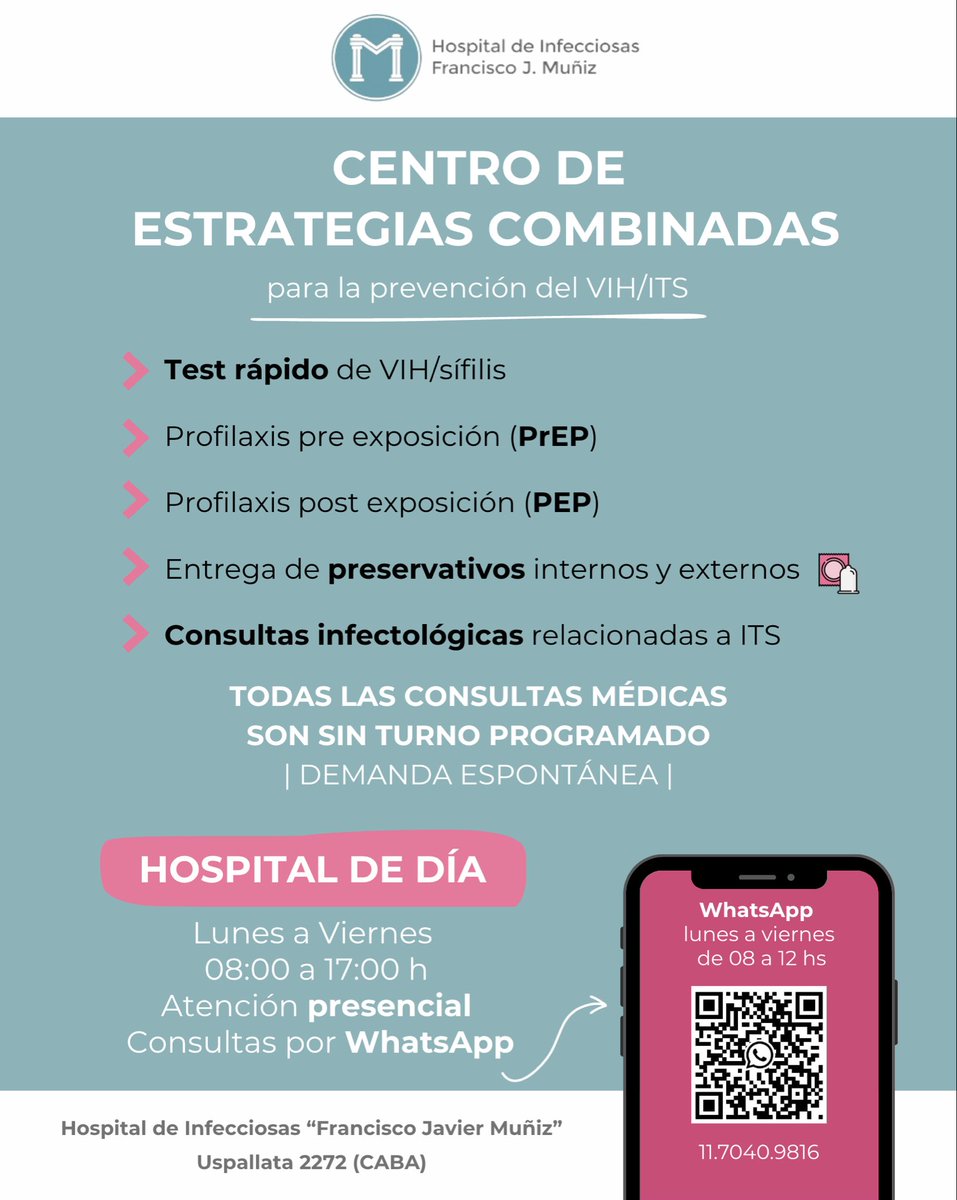 davidgwall's tweet photo. Centro de Estrategias Combinadas (CEC) del Hospital Muñiz!

En el CEC trabajamos diariamente para facilitar la atención integral, el acceso al diagnóstico y la prevención del VIH/ITS

🕗 Lunes a viernes, 08:00 a 17:00 h
📌 Uspallata 2272 (CABA)
💬 Consultas por WhatsApp https://t.co/0d3HDzsZY9