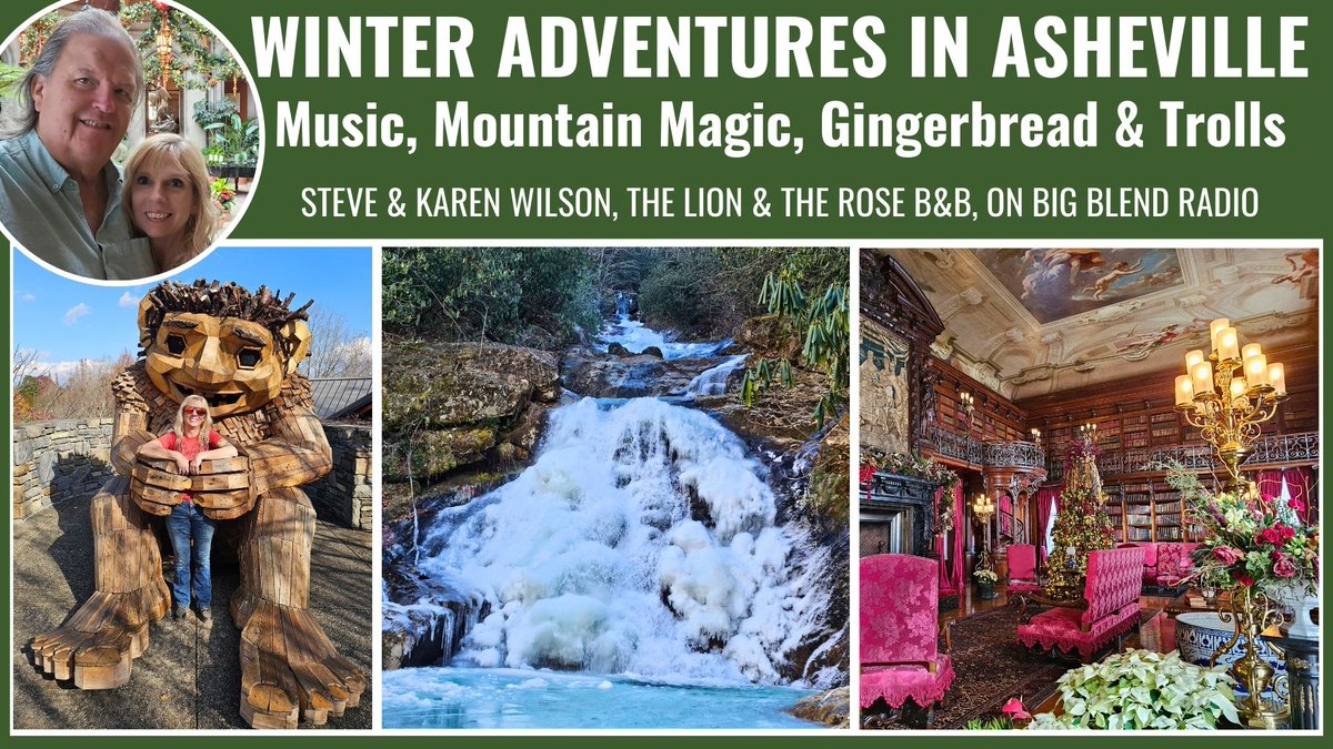 BigBlendMag's tweet photo. On #BigBlendRadio, Steve &amp; Karen Wilson @LionandRose share the magic of winter in #AshevilleNC with music, mountain adventures, seasonal lights, and even trolls at the Arboretum. Listen: https://t.co/MuChJjfsQ4 #travelpodcast https://t.co/Wt4YsjSCzq