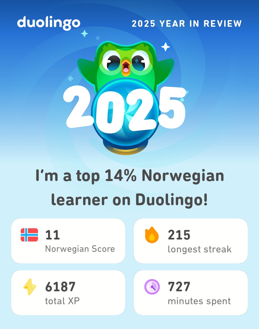 neoyst's tweet photo. My 2025 Duolingo stats are in! How did you do? #Duolingo365 https://t.co/KPrismd4cS