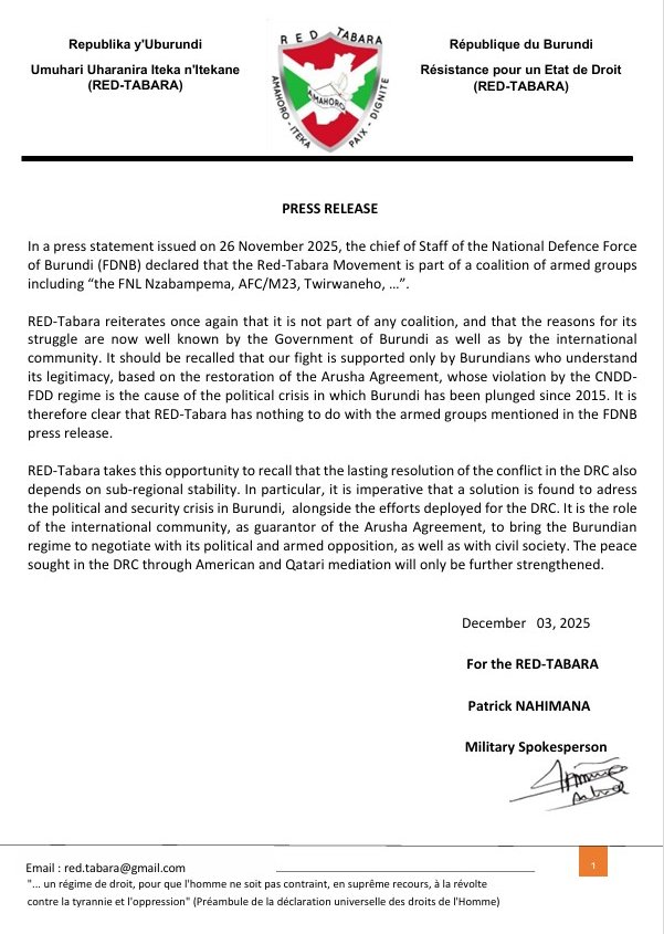 Red_Tabara's tweet image. We deny the #Burundi-an army's false claims that we are part of a coalition of armed groups including "the FNL-Nzabampema, AFC/M23, Twirwaneho, ...".

RED-Tabara reiterates that it is not part of any coalition.