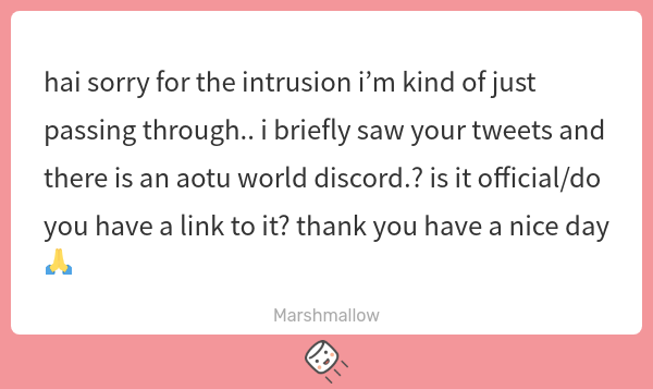 BHOLITID's tweet photo. Hi! There's a few discords for Aotu out there but as far as I know, none of them are official. I'm in only one server right now but it's a friend's server so I'm not too sure if I can give out the link? The only one I know that has a public link is the server for the Aotu -> https://t.co/7Ufg9fdZg0