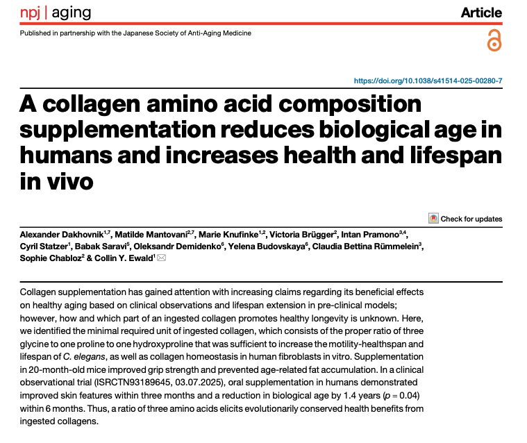 very interesting

A simple blend of glycine, proline, and hydroxyproline is showing a shockingly broad rejuvenation effect. 

Humans see visible skin improvements in weeks and an average 1.4 year drop in biological age within six months, with extreme responders reversing nearly a