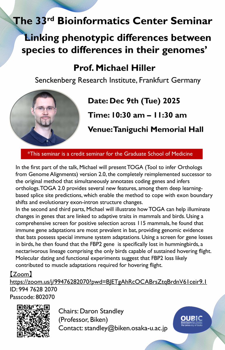 Biken_RIMD_en's tweet image. An update on the seminar on Tuesday, December 9: Online participation is now available.

Please see the link for more details.
biken.osaka-u.ac.jp/en/news_topics…

#RIMD #OUBIC #Bioinformatics #Seminar #TheUniversityOfOsaka