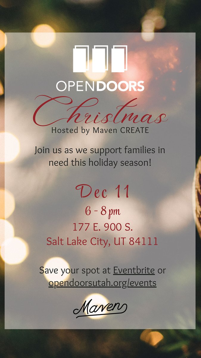 MNT_Associates's tweet photo. OPEN DOORS Christmas 🎄
Hosted by Maven CREATE ✨
Join us as we support families in need this holiday season! 🎁
🗓️ Dec 11, 6 – 8pm
📍 177 E. 900 S.
🏙️ Salt Lake City, UT 84111
Save your spot at Eventbrite or https://t.co/kKBx67EE2n
Maven 💛 https://t.co/USNM2lW8ef