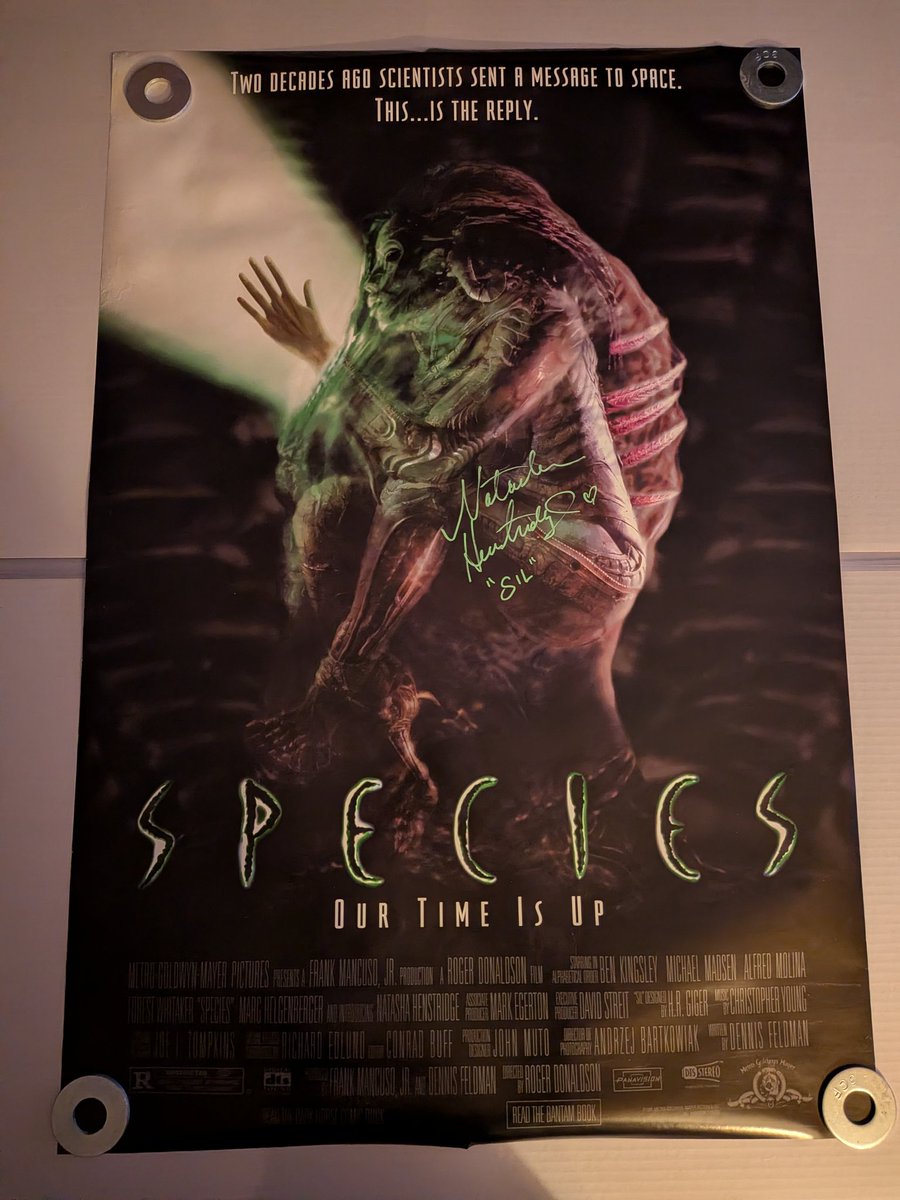 Original one-sheet poster for the 1995 sci-fi/horror film SPECIES,  autographed by star Natasha Henstridge at Horrorhound Weekend a few years  ago. #species #natashahenstridge #movieposter #movieposters #autograph, image size:900x1200