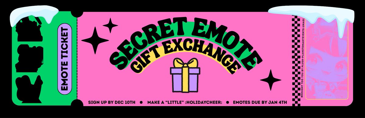 Plushunagi's tweet photo. 🌨️🌲 SECRET EMOTE GIFT EXCHANGE 2025!

Hi Emote Artists! I present to you for the third year in a row this fun "secret santa" inspired event! Come express your creativity and spread a "littl e" :cheer: ✨ 
..and maybe win a prize! 👀

Sign up below by Dec 10th 11:59pm EST https://t.co/jwCGSPs8NK