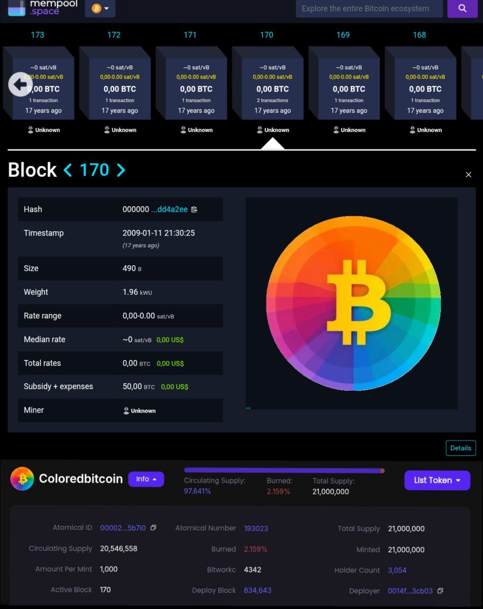 Block 170
January 3, 2009, 02:54 UTC

#Satoshi → hal finney 10 BTC
The first real heartbeat of Bitcoin.
17 years later, someone returned to that same block
and left there, forever, 21,000,000 ColoredBitcoins.
It's not a token.
It's the same chain, the same fire, now in color.
