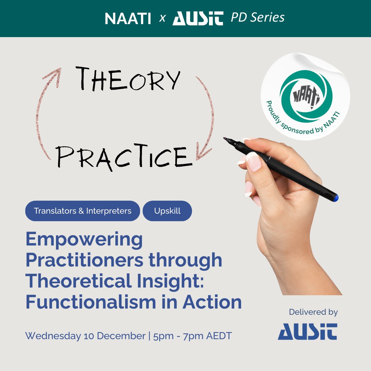 Empowering Practitioners through Theoretical Insight: Functionalism in Action 
Presented by Dr Wei Teng 
10 December 2025
Free for AUSIT members and all NAATI-credentialled practitioners!
For more information and to register: 
lnkd.in/g5AiX6Q9
