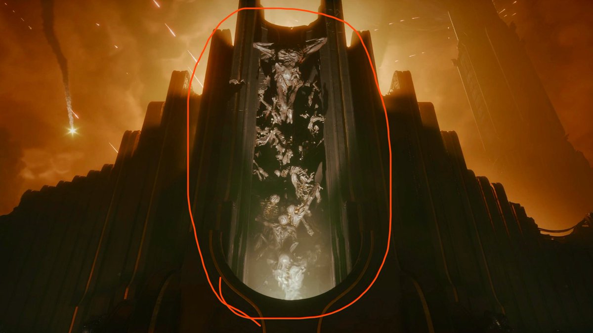 MrBadBit's tweet image. I solved the mystery… it’s SAROS. 

Here’s my evidence.
✅ Similar melted/carbonite skeletons 
✅ The circle patterns of the doors are strikingly similar
✅ Bat monster thing has similar red aura as the door

I just wanted to draw red circles and jump to conclusions ✅✅✅