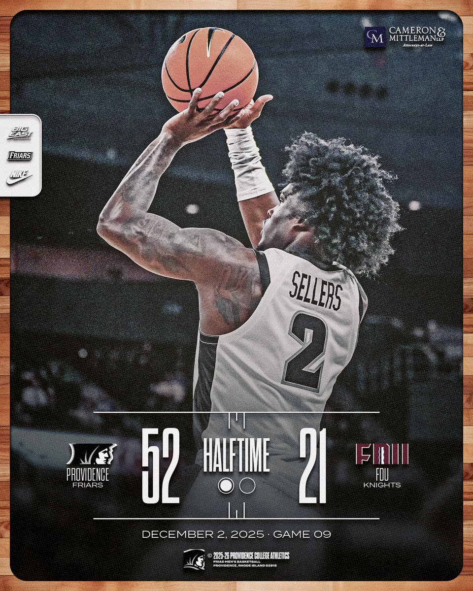 PCFriarsmbb's tweet image. Friars with the lead at halftime

Providence - 52
FDU - 21

Stat Leaders:
Points - Sellers (15)
Rebounds - Mela (3), Sellers (3)
Assists - Vaaks (6)