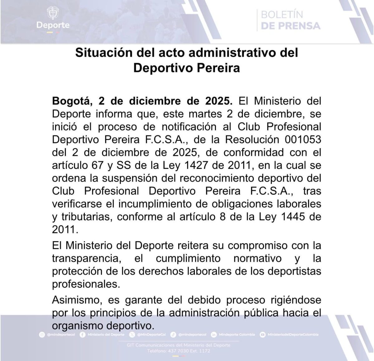 Min Deportes inicia proceso de perdida de reconocimiento deportivo a <a href="/DeporPereiraFC/">Deportivo Pereira 🐺</a>, situación delicada y los compradores del equipo qué? Es hora que demuestren que es verdad el negocio,es cuestión que aparezca $$$$ <a href="/Camiloarangoro/">Camilo Arango</a> <a href="/radio_eje/">Radio Eje del Café</a> <a href="/sebas2811/">Sebas Ospina ⚽️🏟👨‍💼📺🎙</a> <a href="/betofrancob/">humberto franco buit</a> <a href="/Reztre/">Reztre🎄</a>
