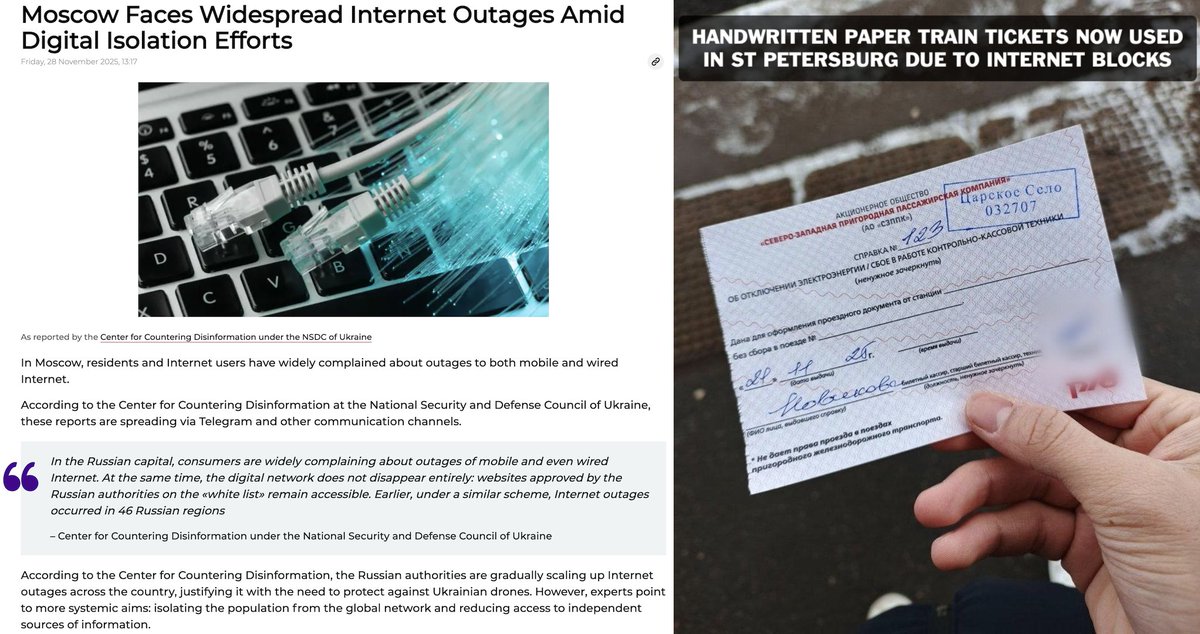 maria_drutska's tweet image. The Kremlin is so desperate to hide the truth, they are now risking civil unrest with mass internet outages across the country in order to block outside news.

It&apos;s bad enough that St. Petersburg trains now use paper tickets because the internet doesn&apos;t work at train stations.📵