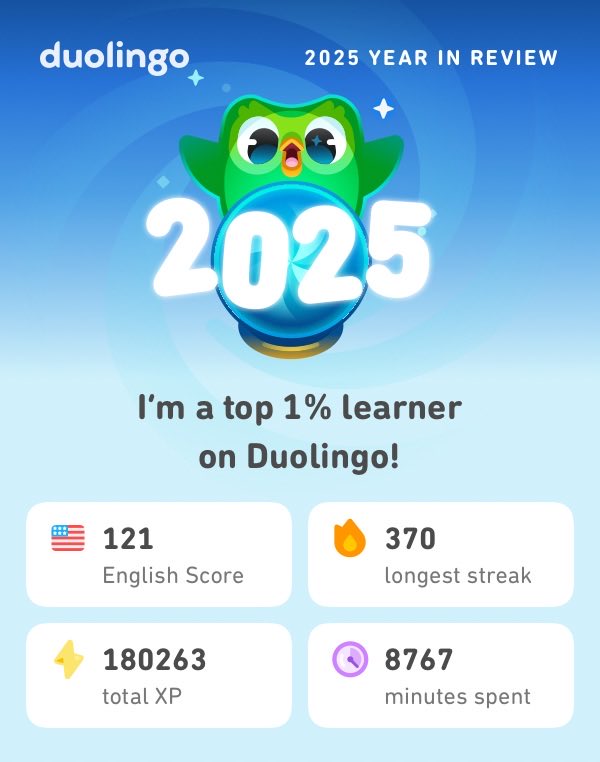 BillDo168's tweet photo. My 2025 Duolingo stats are in! How did you do? #Duolingo365 https://t.co/xcsONdCYf0
