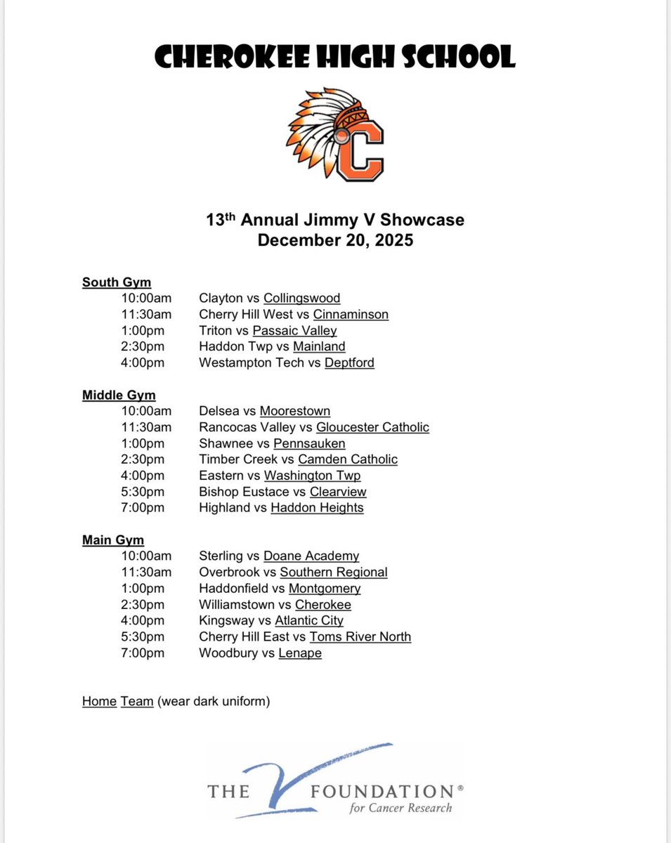 🔥 The 13th Annual Jimmy V Showcase at Cherokee High School in Marlton NJ is Almost Here! 🔥

We’re just 18 days away from one of the best basketball days of the entire season! This year’s Jimmy V Showcase is bigger than ever — 3 gyms, wall-to-wall games, and some of the top