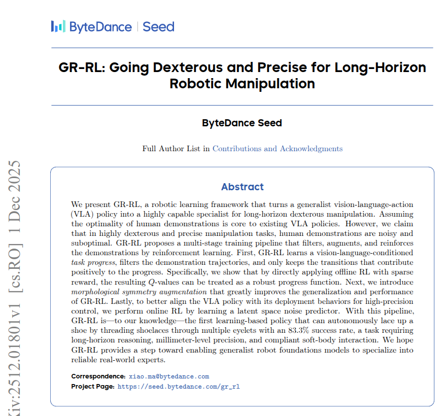 rohanpaul_ai's tweet image. New ByteDance paper shows how to upgrade a general robot model into a careful shoe lacing specialist.

The final system can autonomously lace real shoes with about 83.3% success.

The challenge is that human demonstration data for such fine work is messy, with hesitations, failed…
