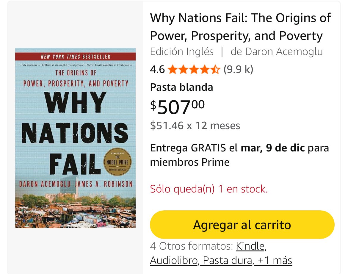 arnemx's tweet image. Why Nations Fail es la mejor opción: muestra con evidencia por qué algunos países prosperan y otros no, poniendo el foco en instituciones y no en ideologías. Sus autores acaban de ganar el Nobel de Economía, así que la recomendación llega con peso real… y más barato.