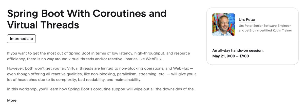 kotlinconf's tweet image. It’s here! Our “Spring Boot with Coroutines &amp;amp; Virtual Threads” workshop by Urs Peter is now available.

Learn how to harness Spring Boot’s Coroutine support to build clean, performant, and scalable applications.

👉 kotlinconf.com/workshops/