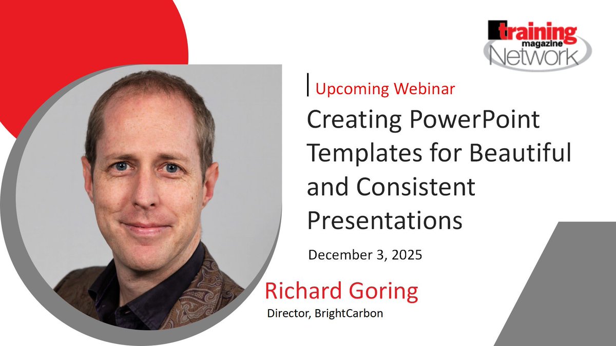trainmagnetwork's tweet image. 🎨 Messy slides? Fix ur PowerPoint game fast.
JOIN TOMORROW @RichardGoring of BrightCarbon for Creating PowerPoint Templates for Beautiful &amp;amp; Consistent Presentations — design pro templates that save time &amp;amp; elevate every slide.
👉 trainingmagnetwork.com/events/4242?gr… #PowerPointDesign
