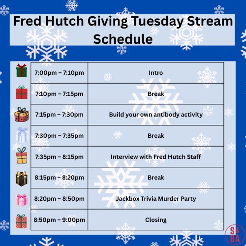 SeattleOBA's tweet image. Come join us tonight for our @fredhutch Giving Tuesday Stream 7-9pm.

We’ll be on the front page of @Twitch! You can’t miss us! ❤️